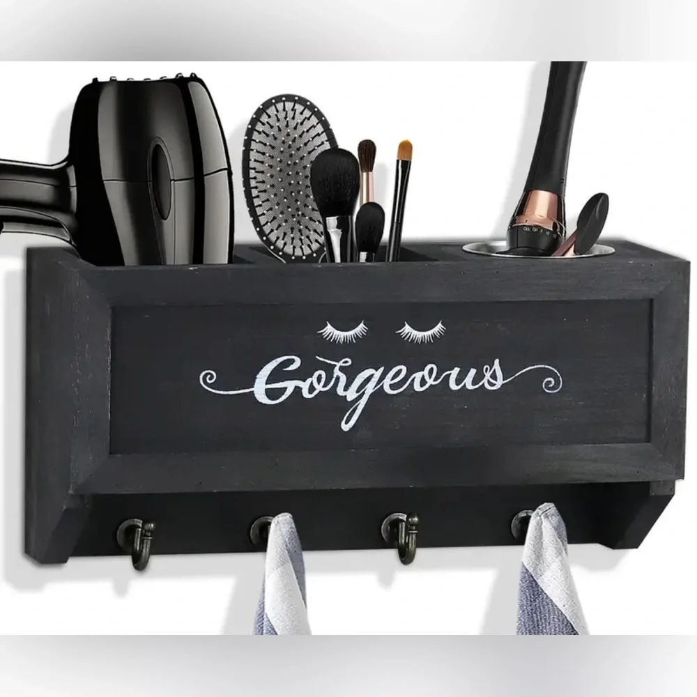 Gorgeous Black Wood Rustic Wall Mounted Storage Hair Tool Organizer with Hooks